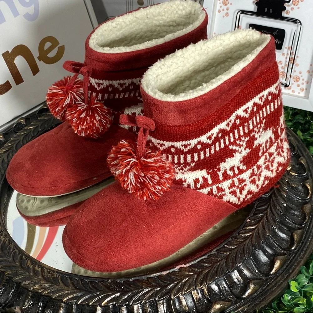 Red Slipper Boots with Pom Poms